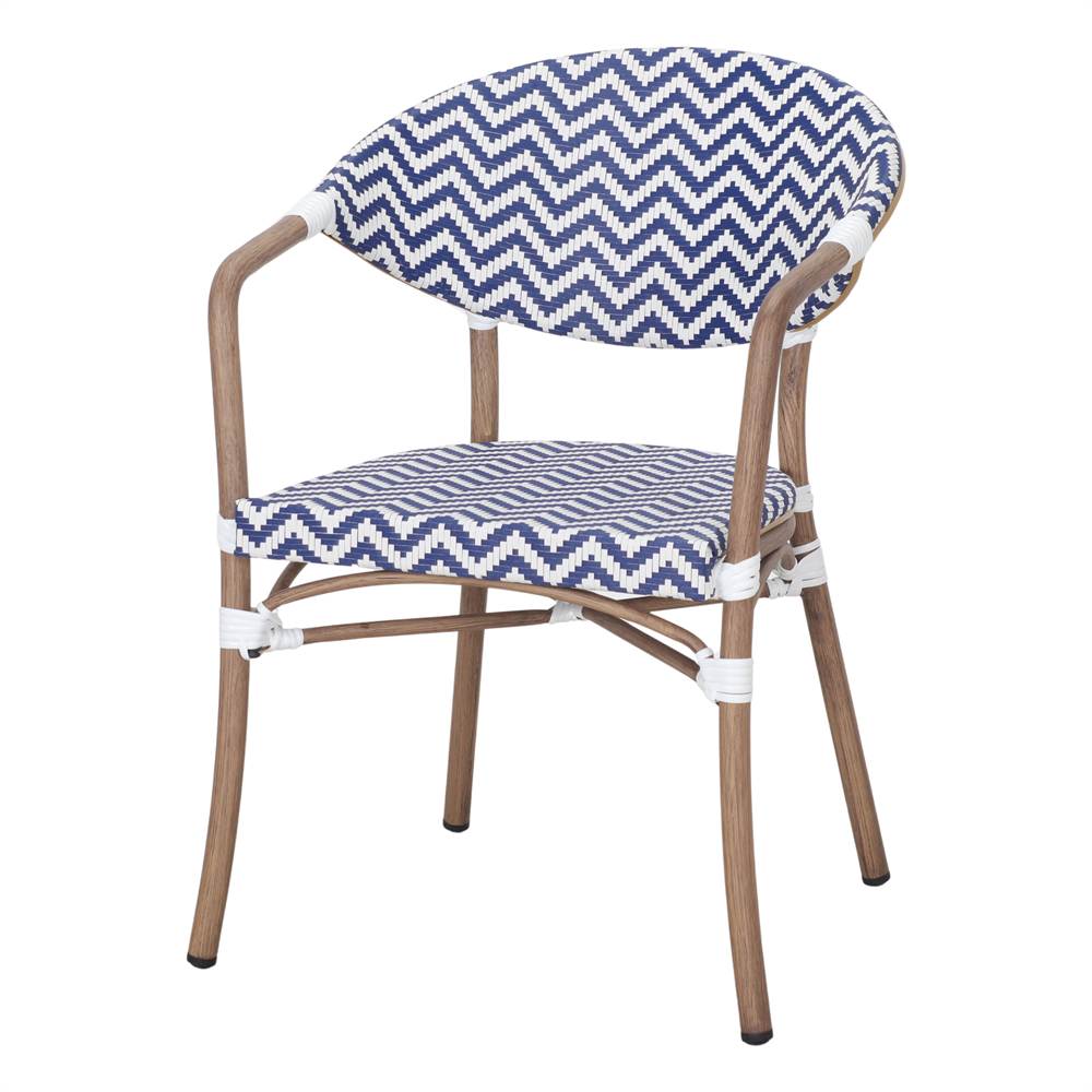 Fauteuil de jardin LORI bleu et blanc au style graphique esprit bistrot. Une assise confortable et décorative pour terrasse, jardin ou balcon.