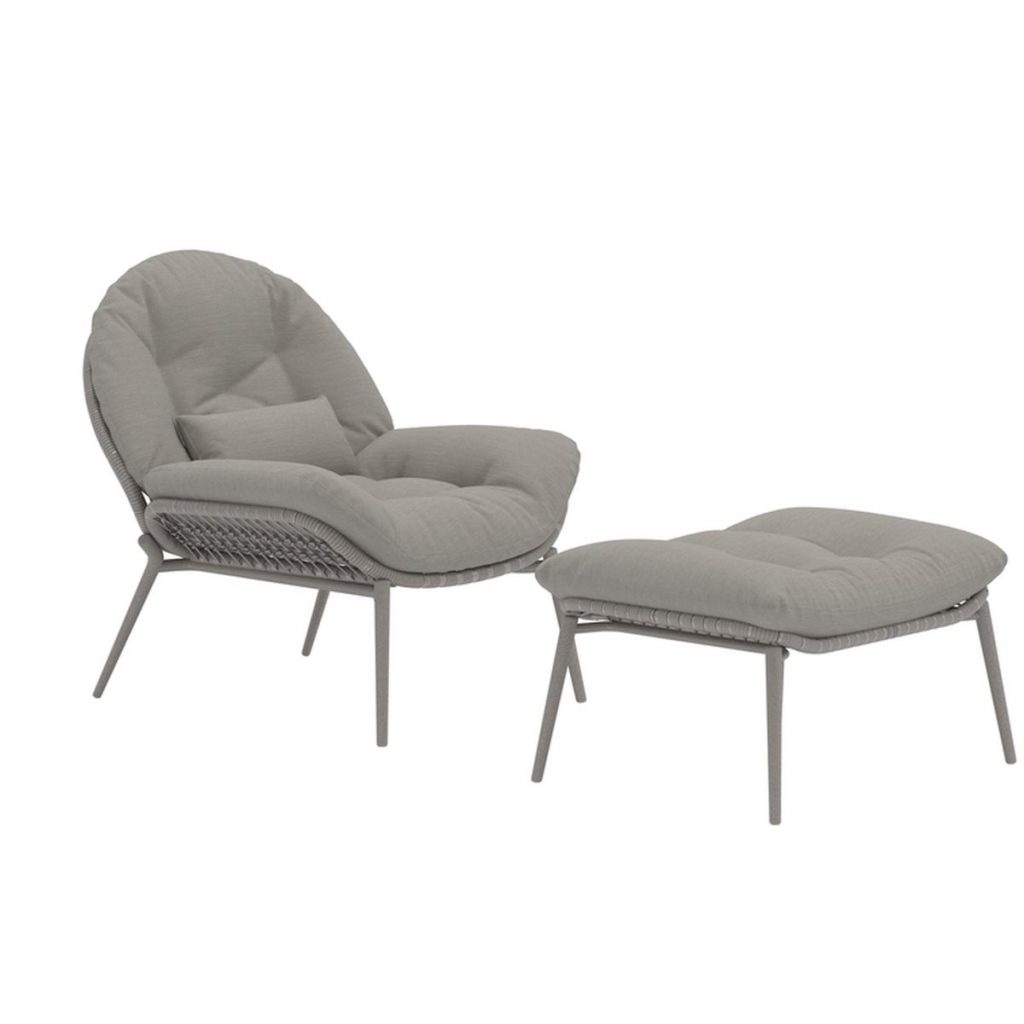 Fauteuil Cala avec repose-pieds, fauteuil de détente en rotin synthétique et acier peint, coussins moelleux pour intérieur et extérieur abrité