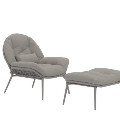 Fauteuil Cala avec repose-pieds, fauteuil de détente en rotin synthétique et acier peint, coussins moelleux pour intérieur et extérieur abrité
