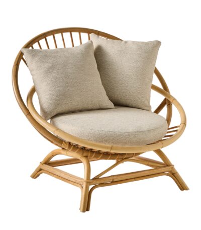 Fauteuil coquille en rotin MIAMI avec coussins, design vintage seventies, loveuse en rotin naturel pour intérieur