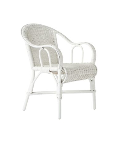 Fauteuil en rotin blanc Primavera avec accoudoirs, style grand-père, assise de table ou siège d’appoint.