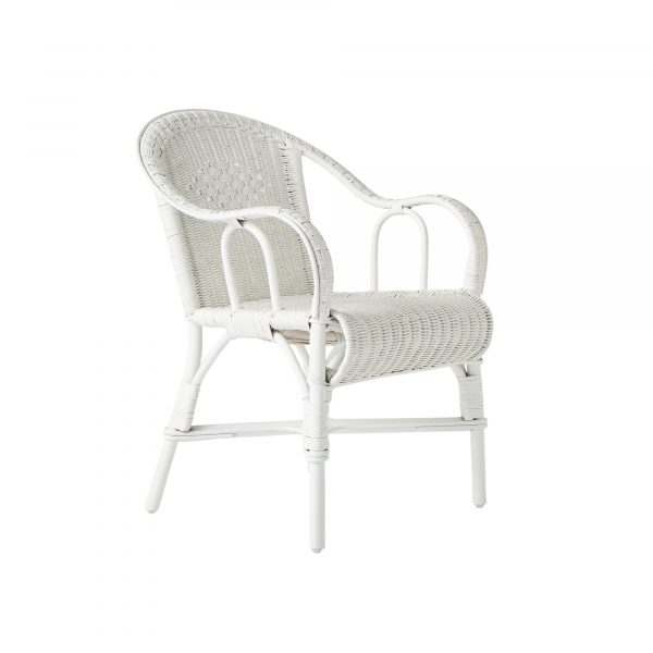 Fauteuil en rotin blanc Primavera avec accoudoirs, style grand-père, assise de table ou siège d’appoint.