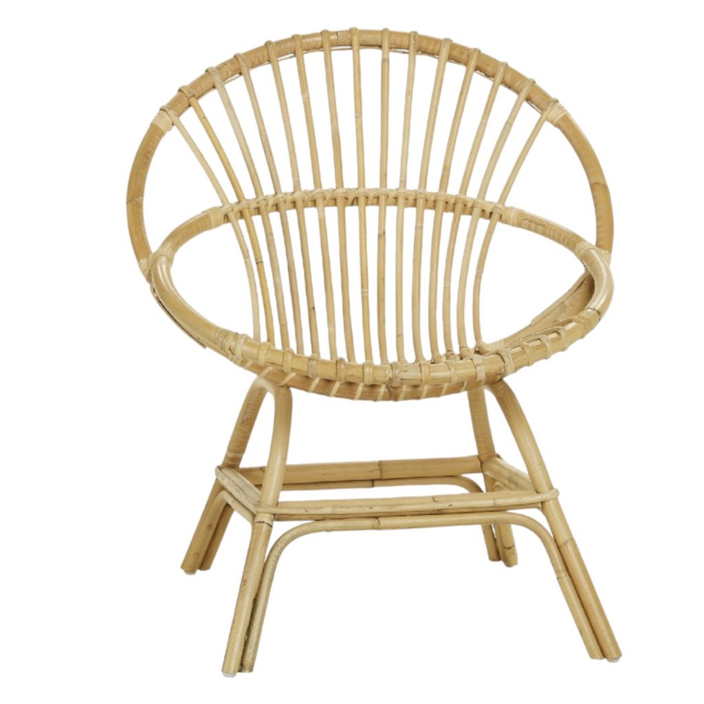 Fauteuil rotin coquille BRIGITTE, fauteuil en rotin intérieur vintage, design double cerceau emblématique