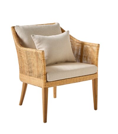 Fauteuil en rotin cannage Saigon avec structure en teck naturel et coussins beige, style naturel et élégant pour intérieur