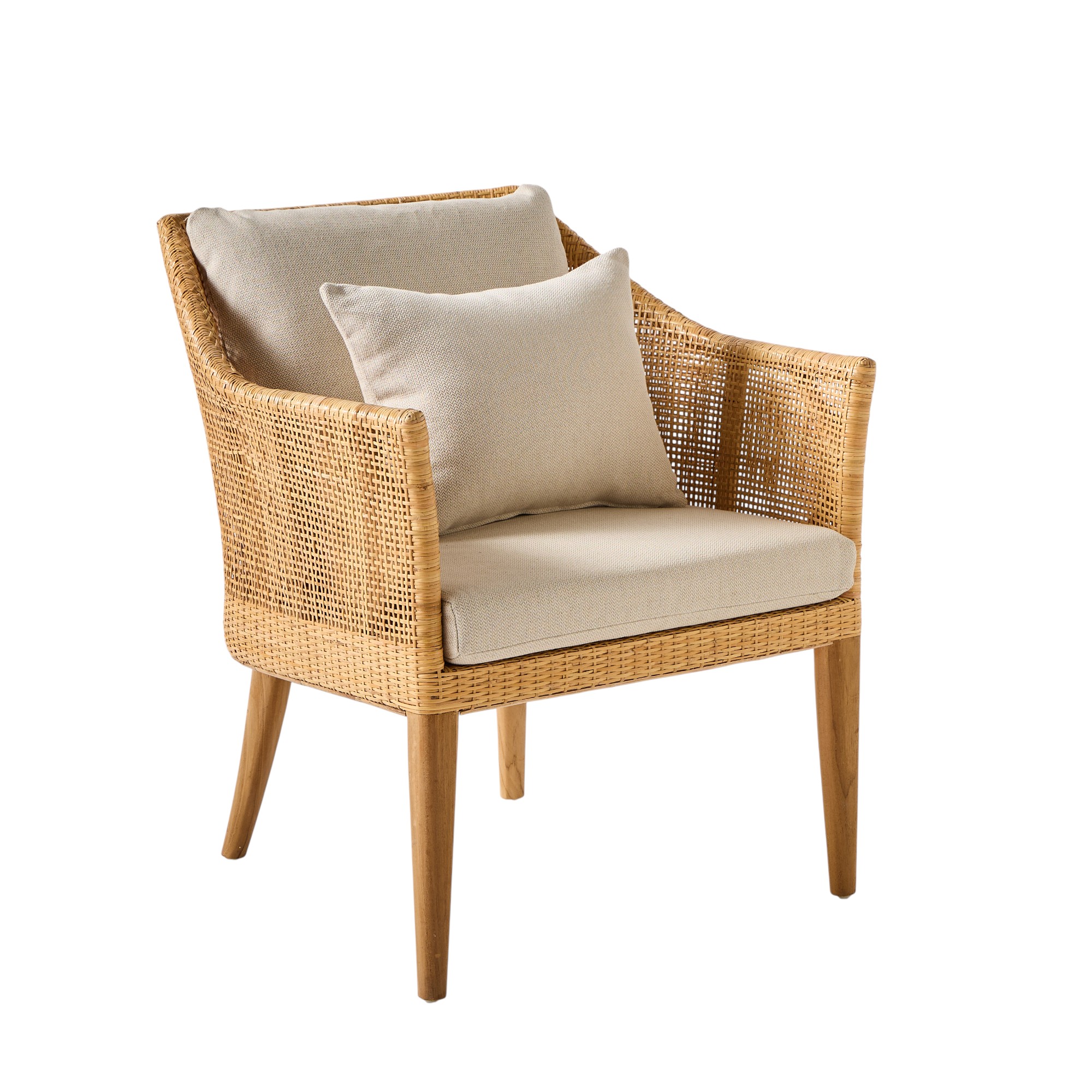 Fauteuil en rotin cannage Saigon avec structure en teck naturel et coussins beige, style naturel et élégant pour intérieur