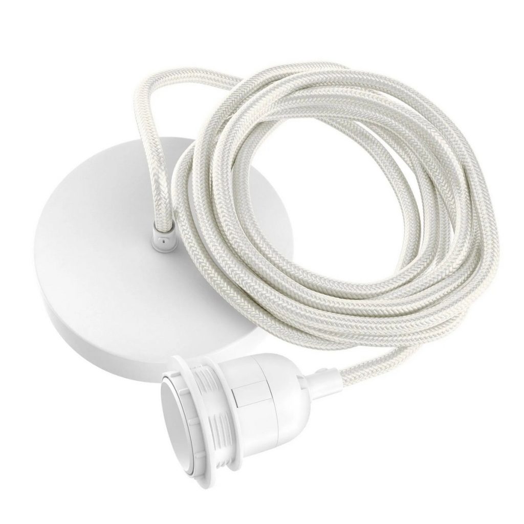 Plafonnier blanc 1 luminaire, avec câble textile en coton pour suspension