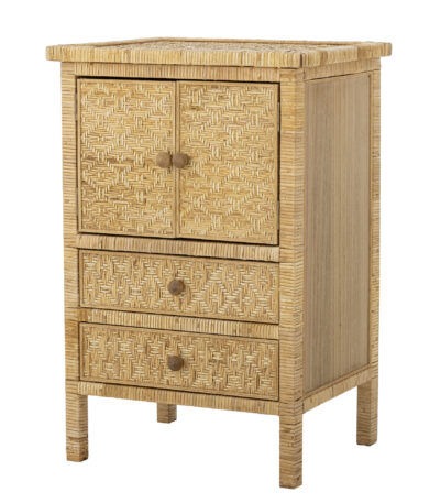 Table de nuit en rotin naturel LORRIS avec tiroirs et porte, petit meuble de rangement en bois et rotin pour intérieur.