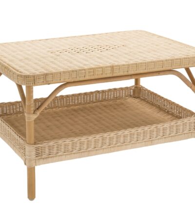 Table basse en rotin rectangulaire Nantucket avec double plateau, motif diamant et structure en canne de rotin naturel.