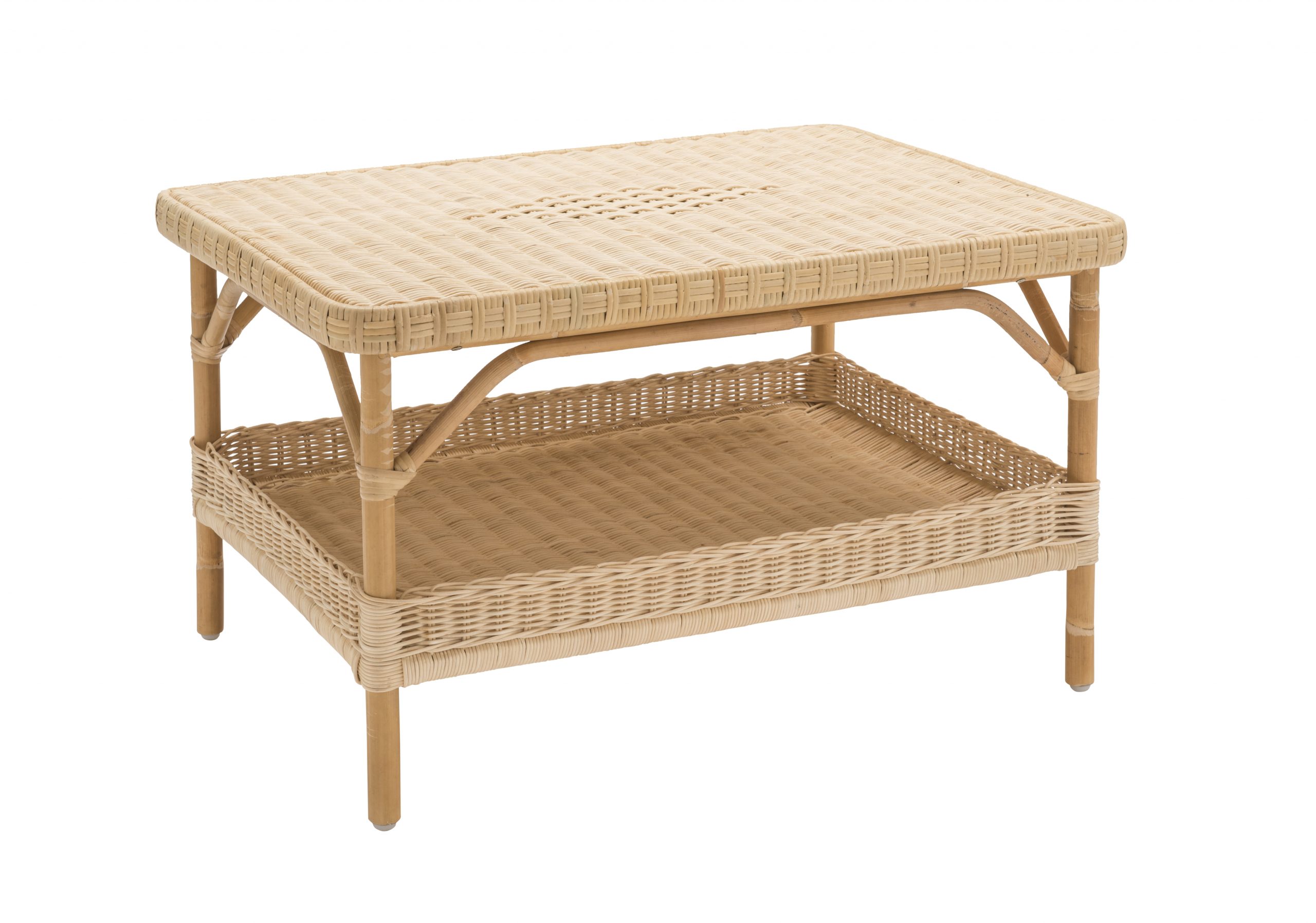 Table basse en rotin rectangulaire Nantucket avec double plateau, motif diamant et structure en canne de rotin naturel.