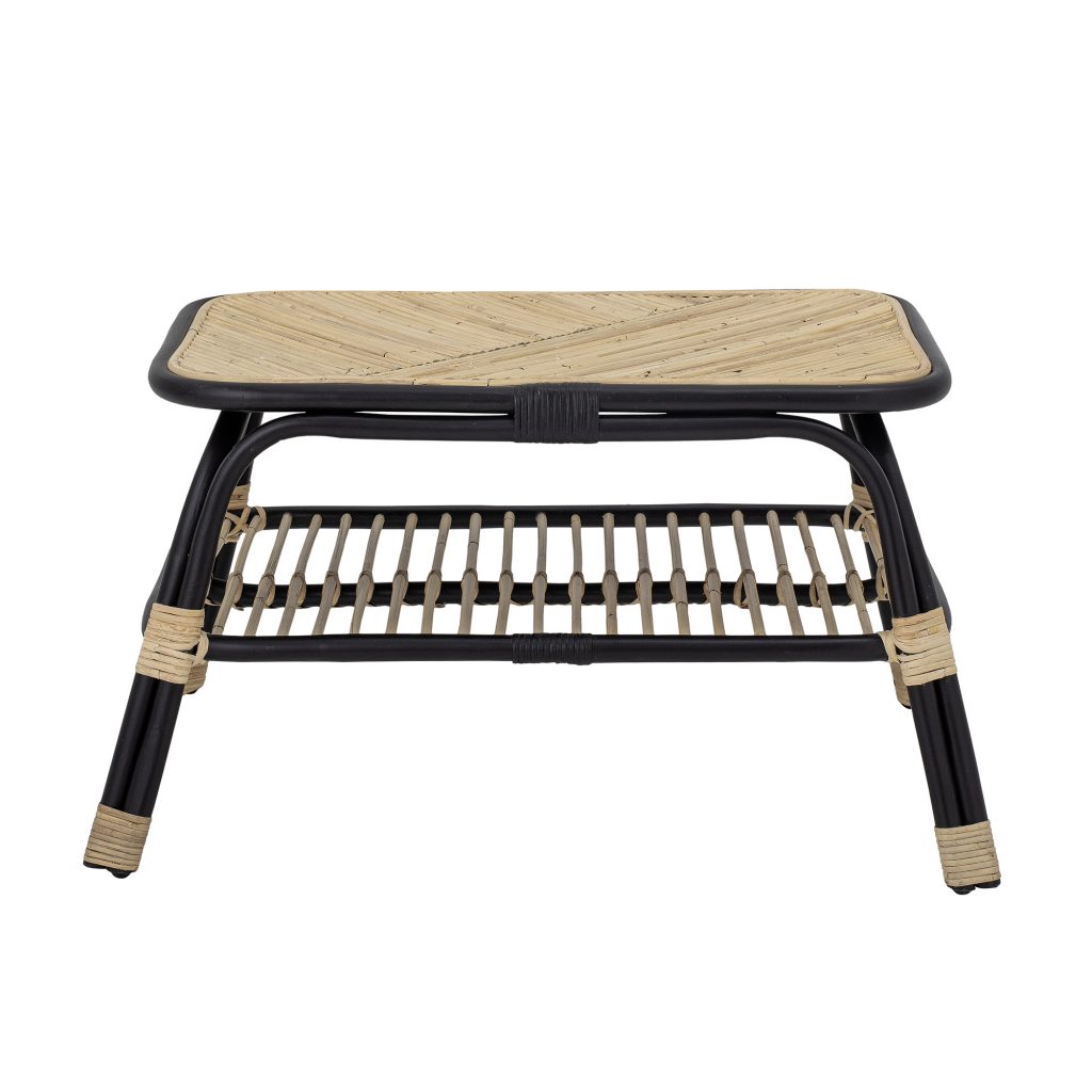 Table basse en rotin noir Loue avec étagère inférieure, table basse décorative en rotin pour salon intérieur.