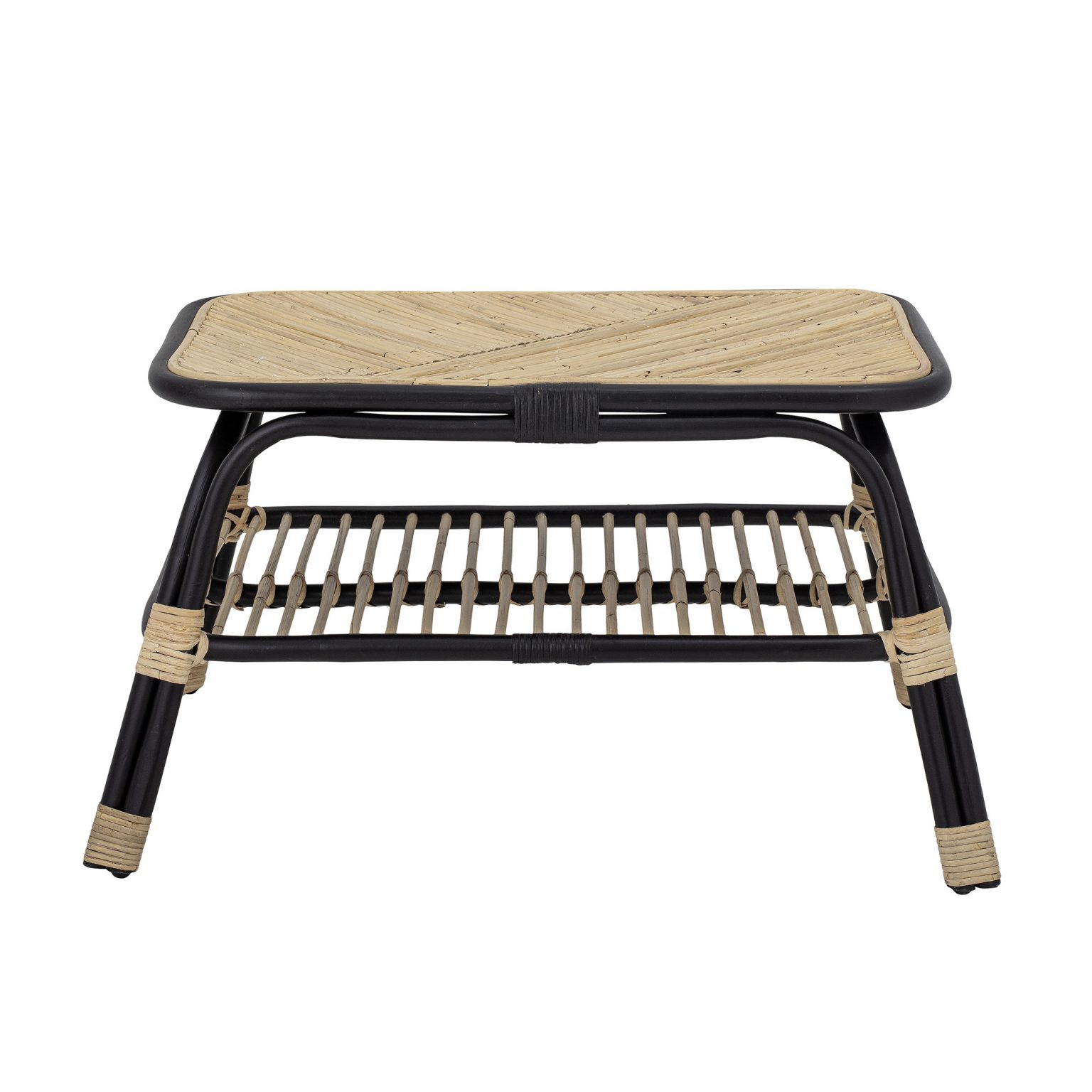Table basse en rotin noir Loue avec étagère inférieure, table basse décorative en rotin pour salon intérieur.