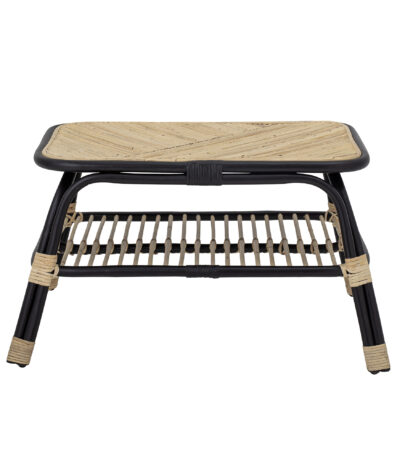 Table basse en rotin noir Loue avec étagère inférieure, table basse décorative en rotin pour salon intérieur.