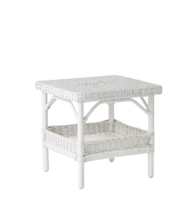 Table basse en rotin blanc Primavera avec plateau motif diamant et rangement porte-revues.