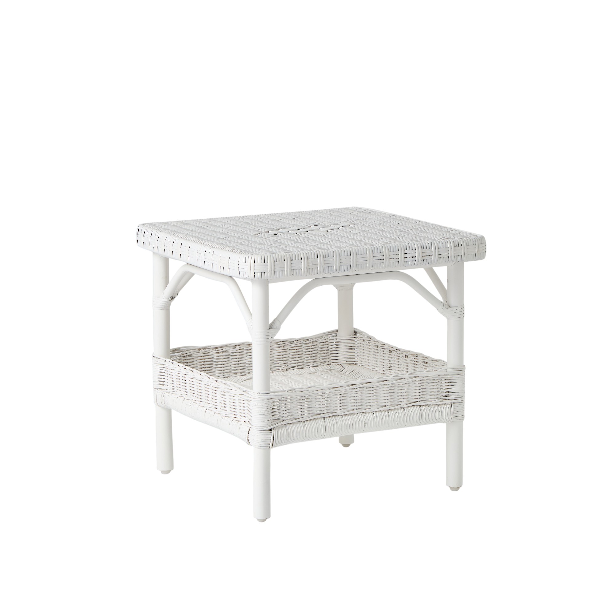Table basse en rotin blanc Primavera avec plateau motif diamant et rangement porte-revues.