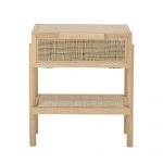Table de nuit en pin naturel Manon avec tiroir et étagère en rotin, meuble nordique pour chambre.
