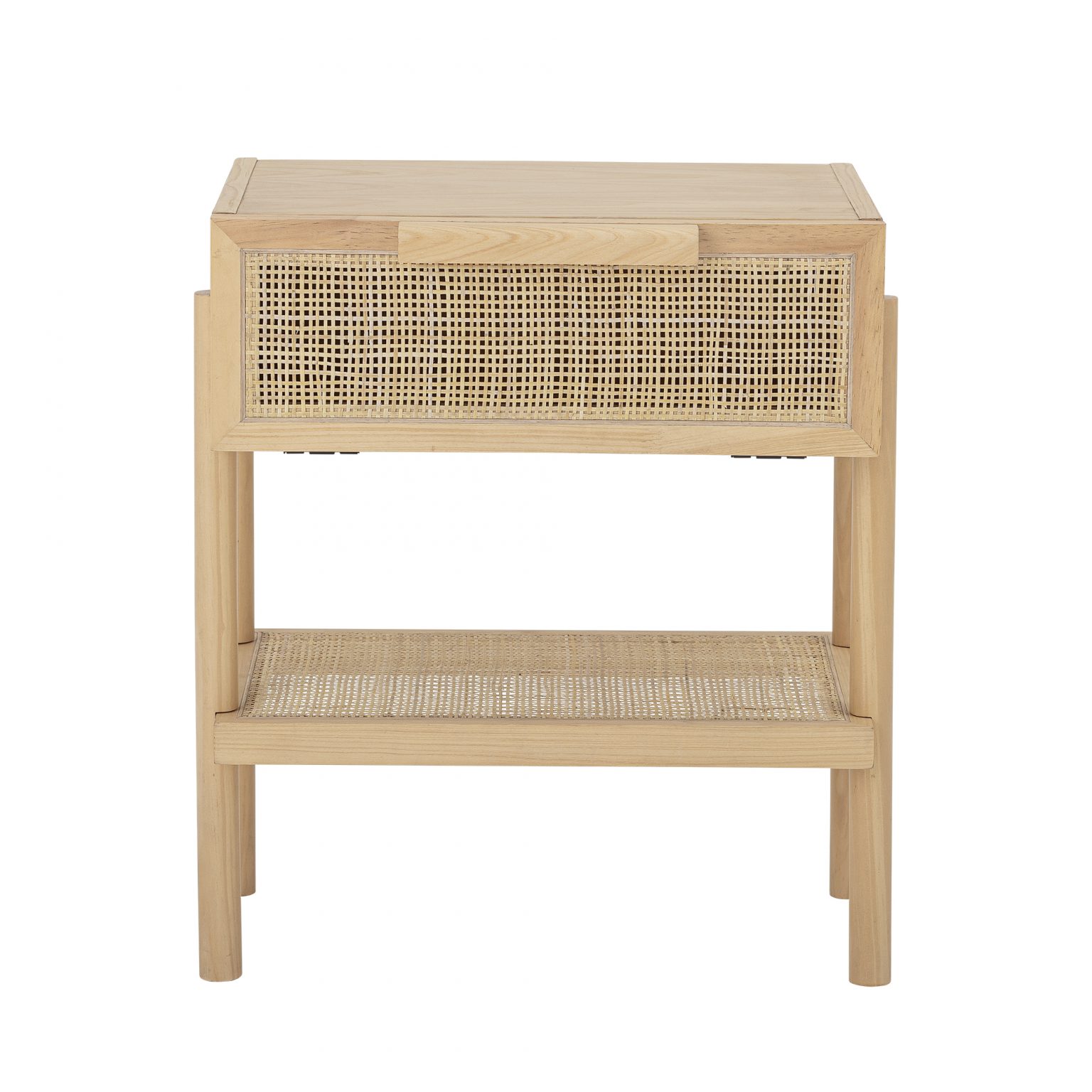 Table de nuit en pin naturel Manon avec tiroir et étagère en rotin, meuble nordique pour chambre.