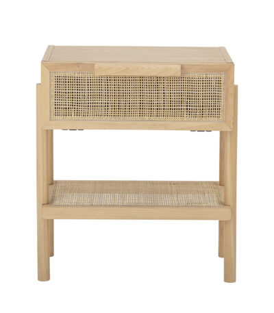 Table de nuit en pin naturel Manon avec tiroir et étagère en rotin, meuble nordique pour chambre.