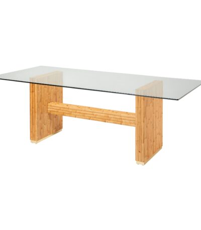 Table rectangulaire en rotin RIVIERA avec plateau en verre, table de repas en rotin intérieur au design années 40