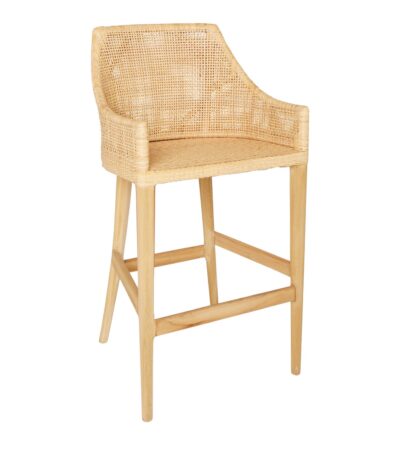 Tabouret de bar en rotin cannage SAIGON avec structure en teck naturel et accoudoirs, style naturel et chaleureux