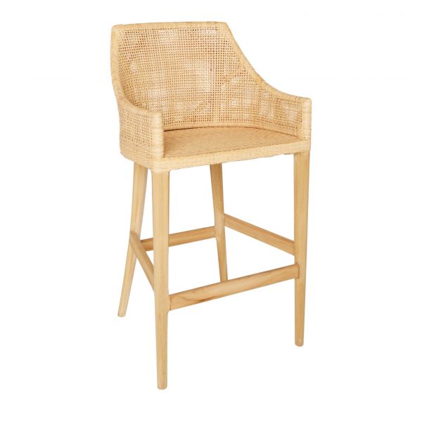 Tabouret de bar en rotin cannage SAIGON avec structure en teck naturel et accoudoirs, style naturel et chaleureux