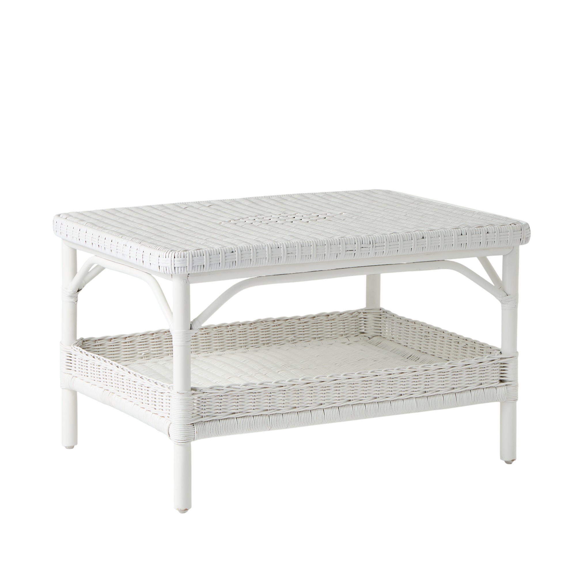 Table basse rectangulaire en rotin blanc Primavera avec plateau motif diamant et rangement porte-revues.