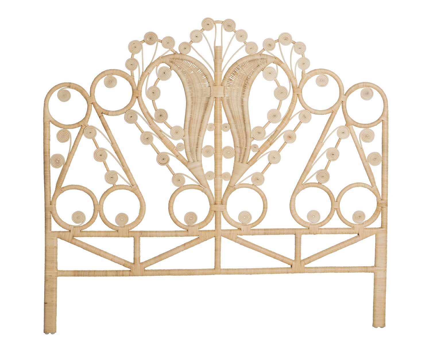 Tête de lit en rotin naturel Maharaja avec motifs ajourés et volutes décoratives, style oriental et vintage