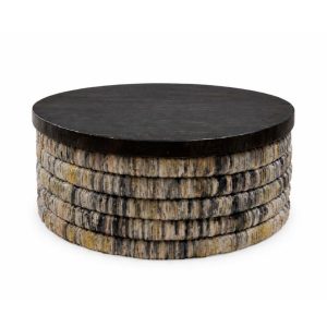 Table basse Magani ronde plateau noir base feuille de bananier gris lavé
