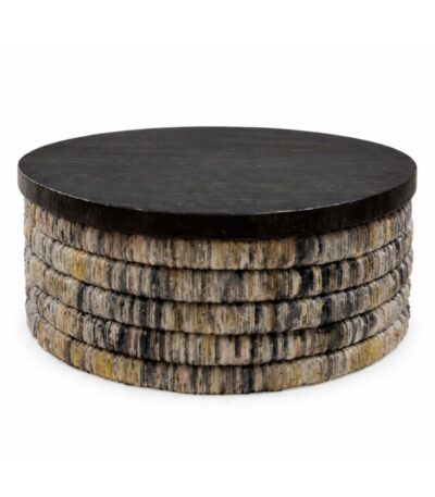Table basse Magani ronde plateau noir base feuille de bananier gris lavé