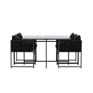 Table de jardin avec 4 chaises Noto noire avec plateau en verre 120x120 cm