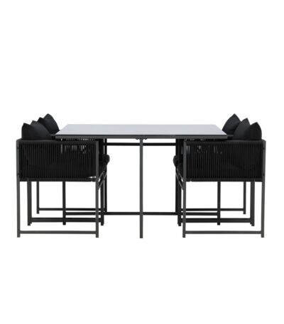 Table de jardin avec 4 chaises Noto noire avec plateau en verre 120x120 cm