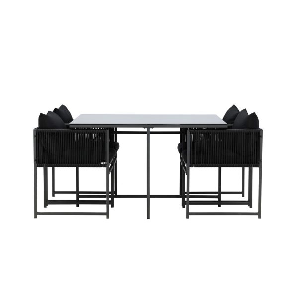 ensemble_repas_exterieur_noto (6) Table de jardin avec 4 chaises Noto noire avec plateau en verre 120x120 cm