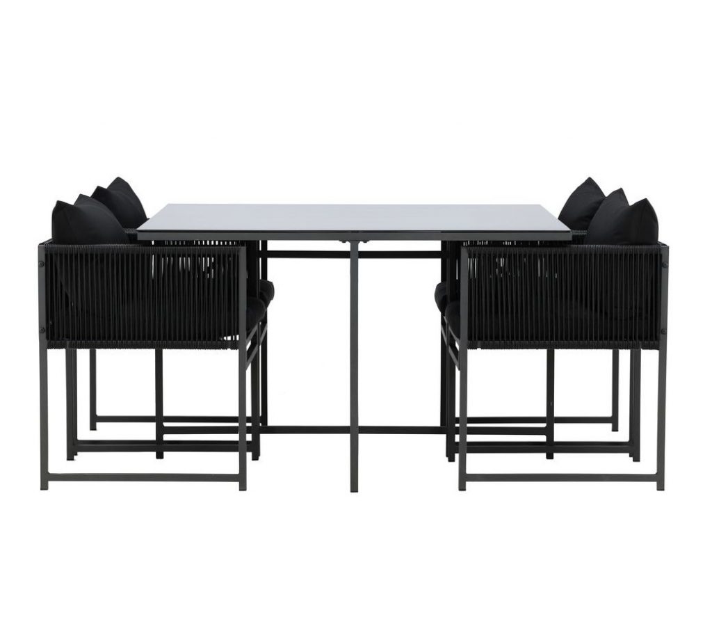 Table de jardin avec 4 chaises Noto noire avec plateau en verre 120x120 cm