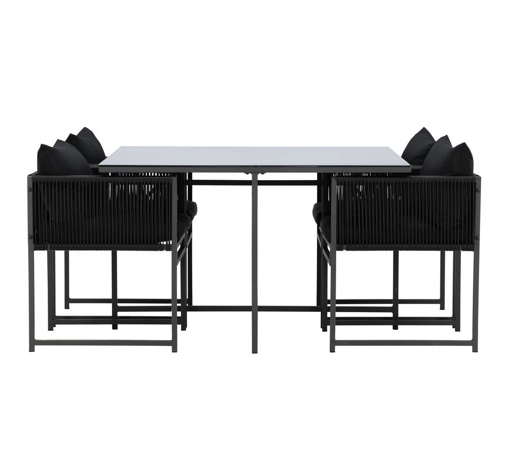 Table de jardin avec 4 chaises Noto noire avec plateau en verre 120x120 cm