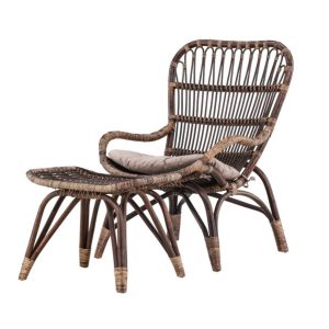 Fauteuil en rotin Ella marron avec coussin beige, fauteuil lounge en rotin naturel pour intérieur ou terrasse couverte