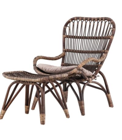 Fauteuil en rotin Ella marron avec coussin beige, fauteuil lounge en rotin naturel pour intérieur ou terrasse couverte