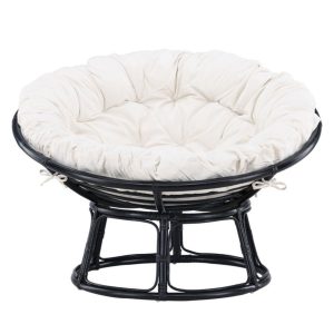 Fauteuil papasan Bonnie noir en rotin avec grand coussin blanc cassé pour salon ou véranda