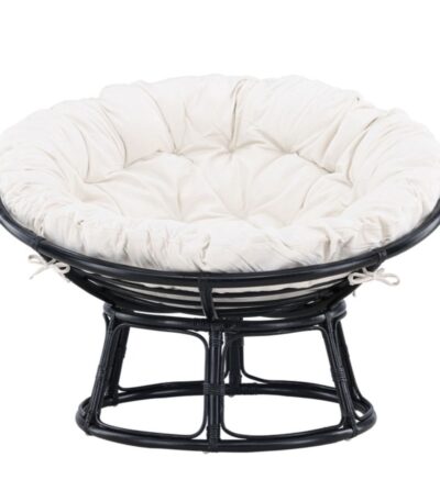 Fauteuil papasan Bonnie noir en rotin avec grand coussin blanc cassé pour salon ou véranda