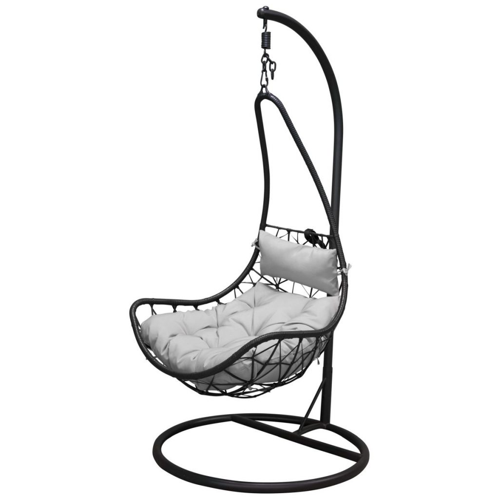 Fauteuil suspendu Eden noir en acier et rotin synthétique avec coussins gris pour jardin