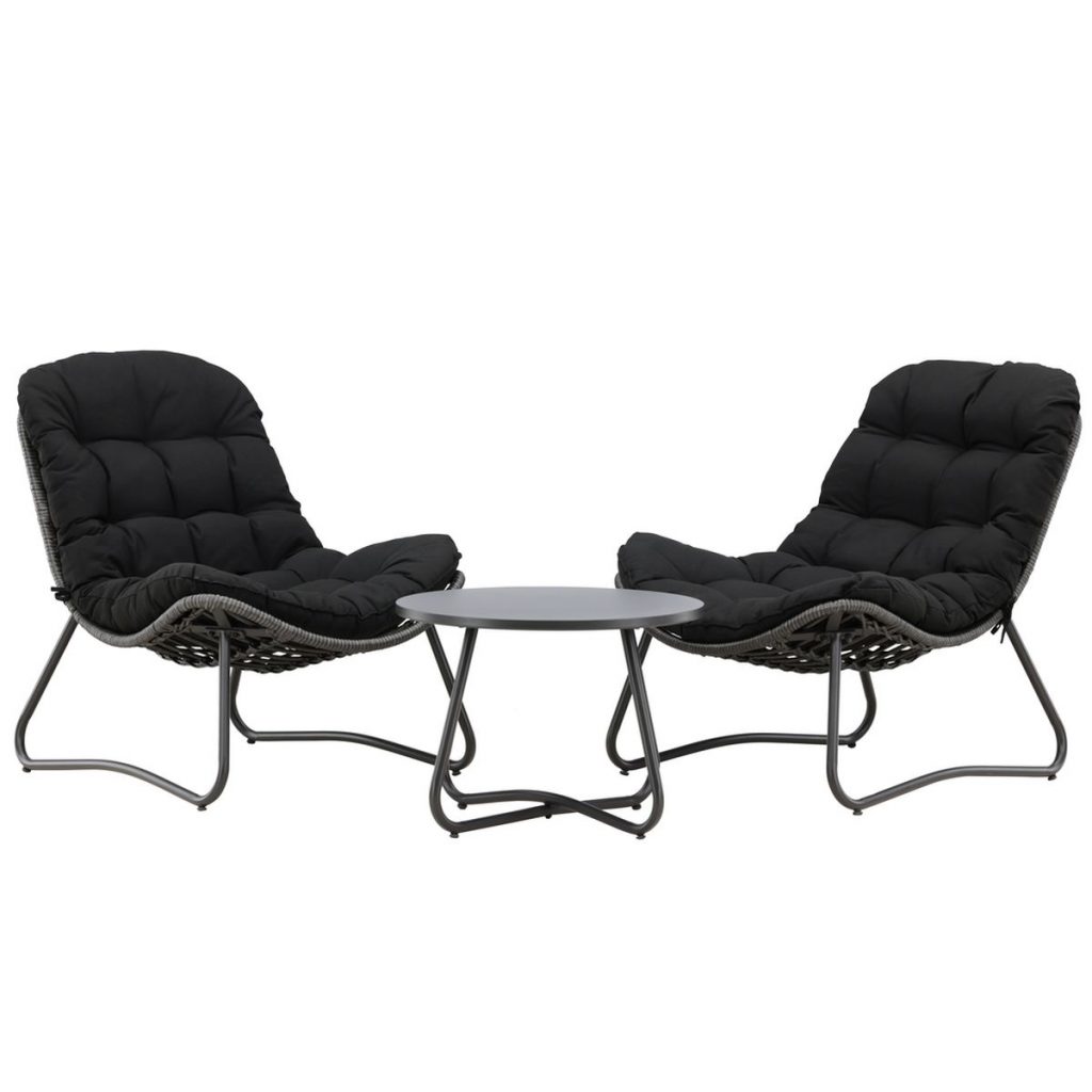Salon de jardin 2 places Cala anthracite avec deux fauteuils lounge et table ronde acier