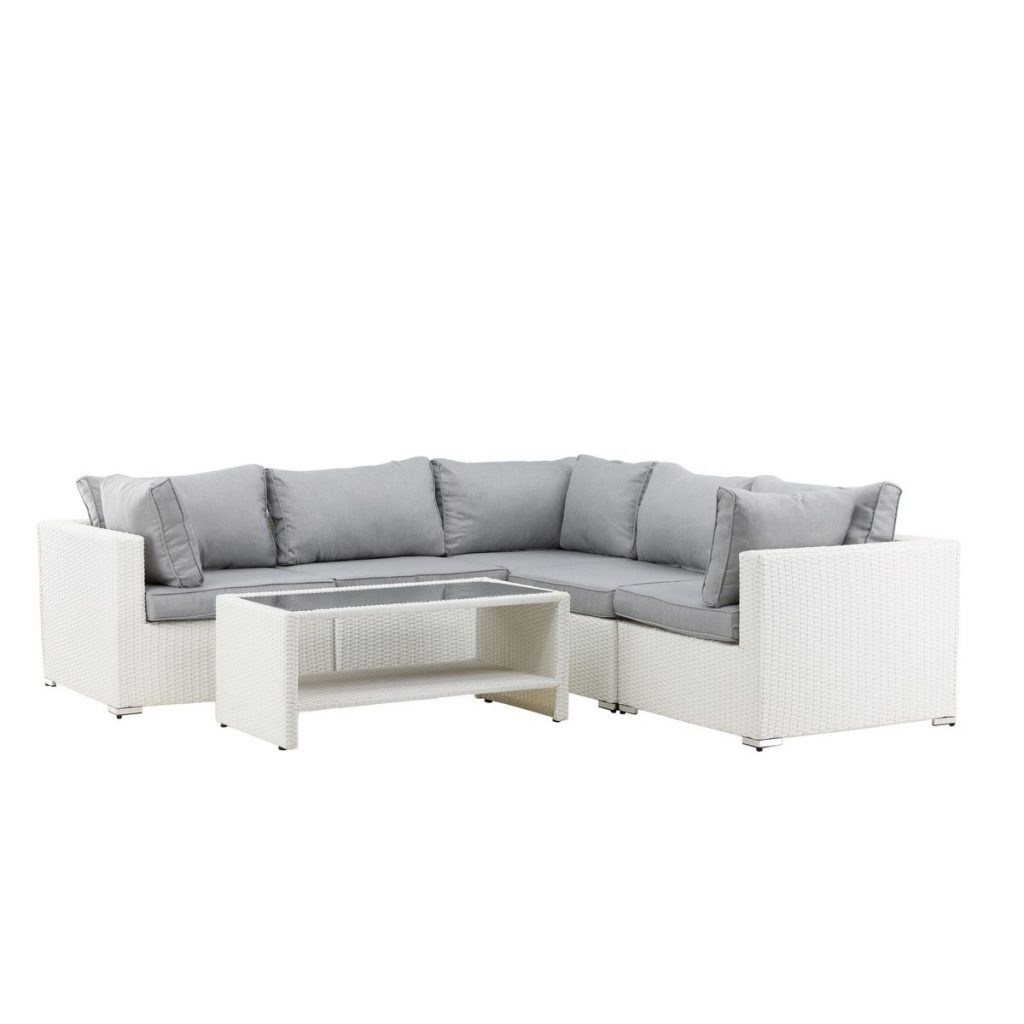 Salon de jardin Amazon blanc en résine tressée avec canapé d’angle et table basse en verre