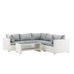 Salon de jardin Amazon blanc en résine tressée avec canapé d’angle et table basse en verre