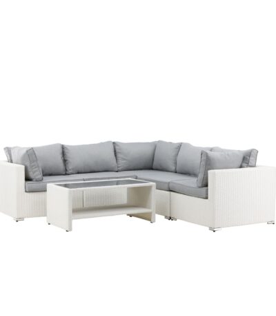 Salon de jardin Amazon blanc en résine tressée avec canapé d’angle et table basse en verre