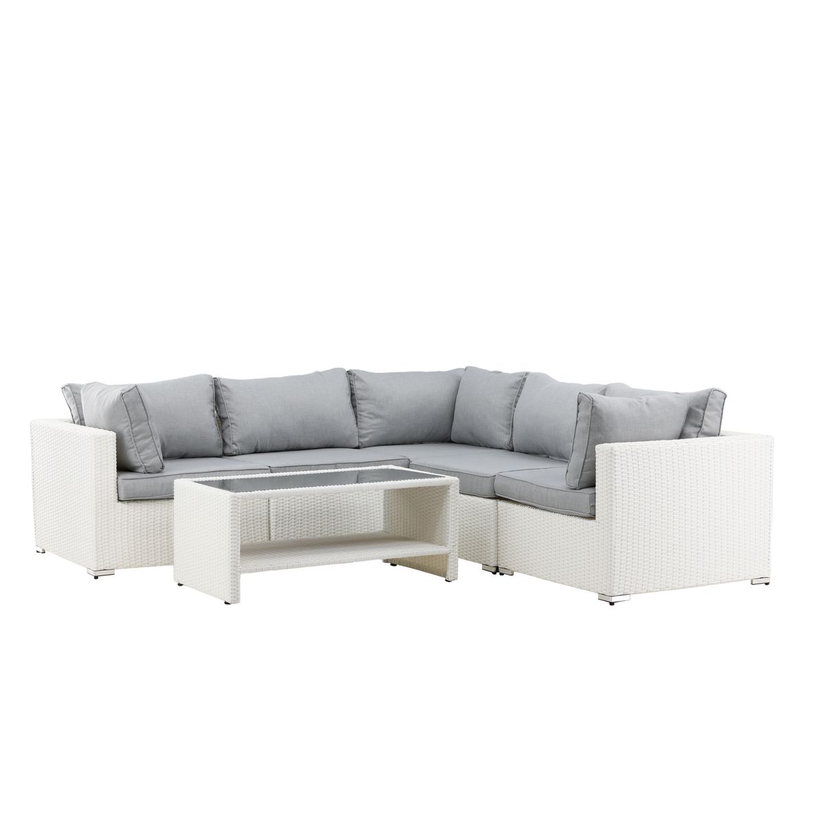 Salon de jardin Amazon blanc en résine tressée avec canapé d’angle et table basse en verre