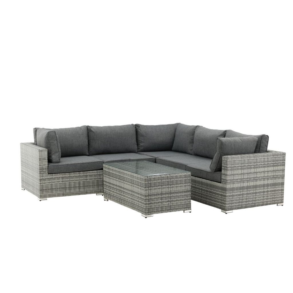 Salon de jardin Amazon gris en résine tressée avec canapé d’angle et table basse en verre