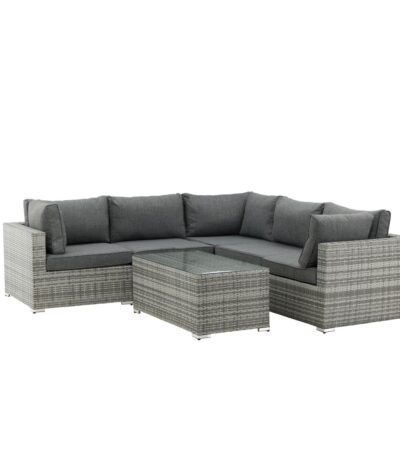 Salon de jardin Amazon gris en résine tressée avec canapé d’angle et table basse en verre
