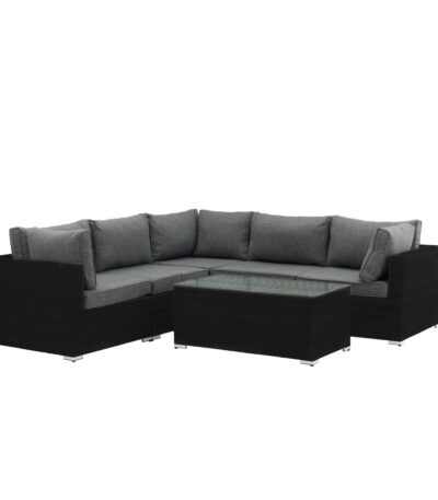 Salon de jardin Amazon noir en résine tressée avec canapé d’angle et table basse en verre