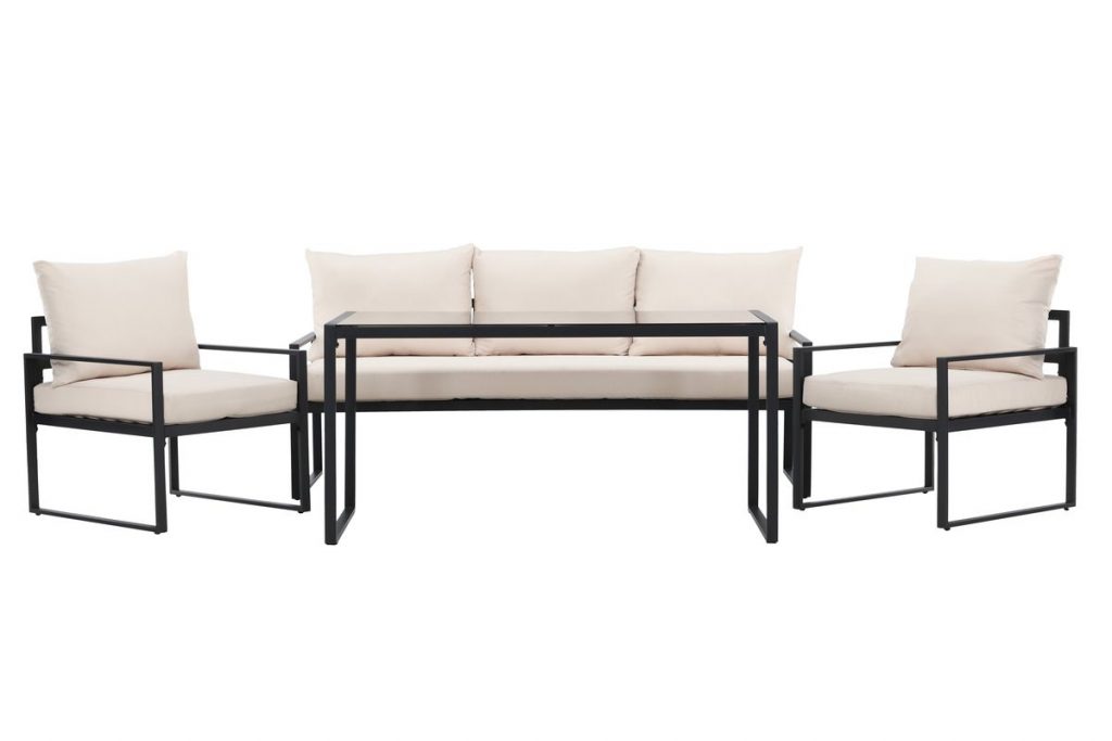 Salon de jardin Catania en acier noir avec coussins beiges et table en verre noir sur terrasse moderne