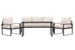 Salon de jardin Catania en acier noir avec coussins beiges et table en verre noir sur terrasse moderne