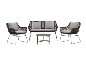Salon de jardin Davao avec canapé 2 places, deux fauteuils et table ronde en corde brune et coussins gris