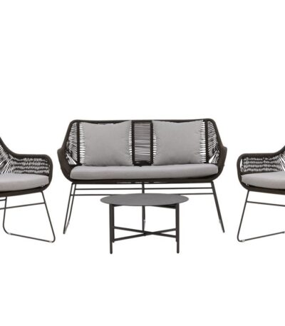 Salon de jardin Davao avec canapé 2 places, deux fauteuils et table ronde en corde brune et coussins gris